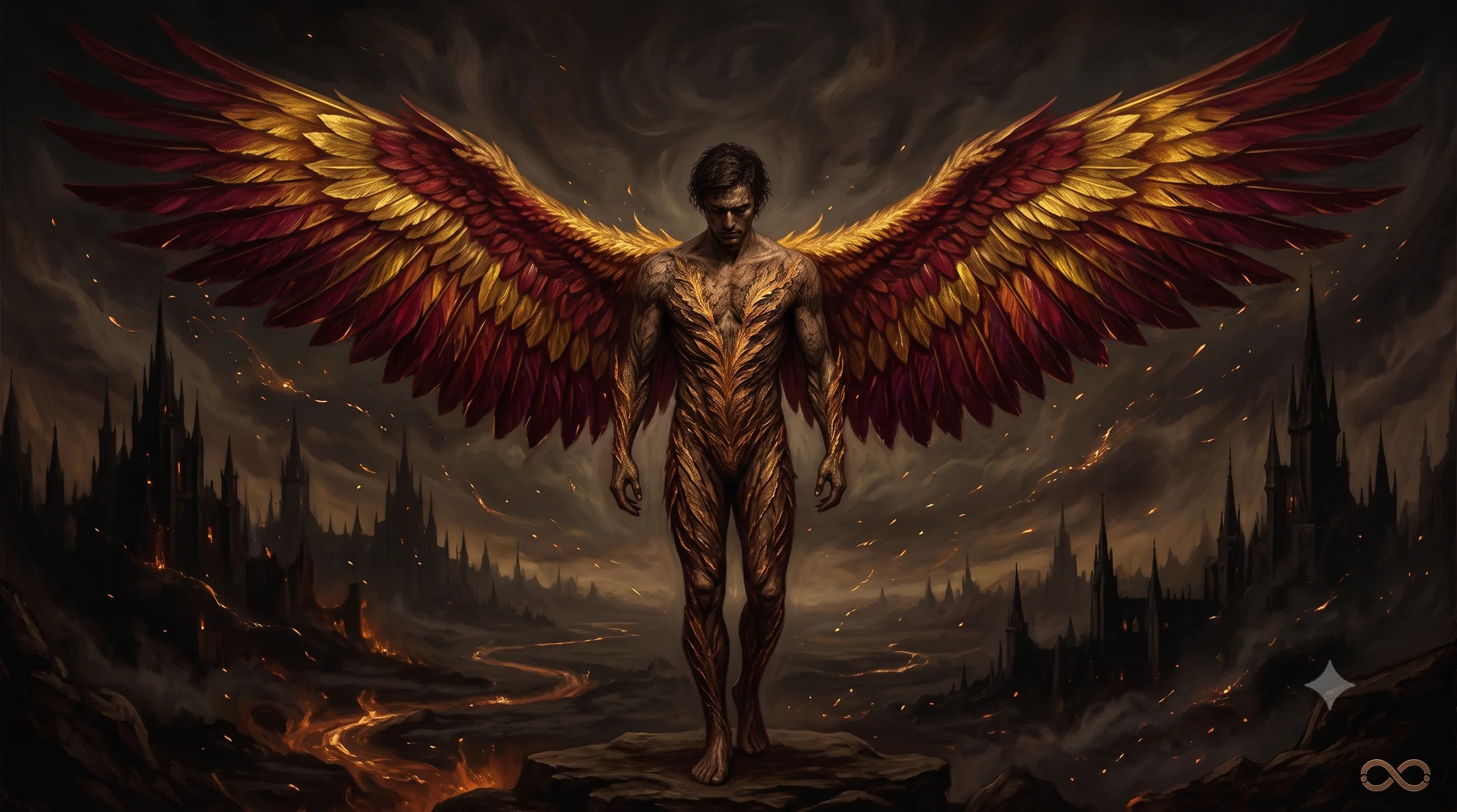El Fénix con las alas de fuego desplegadas sobre una ciudad en ruinas