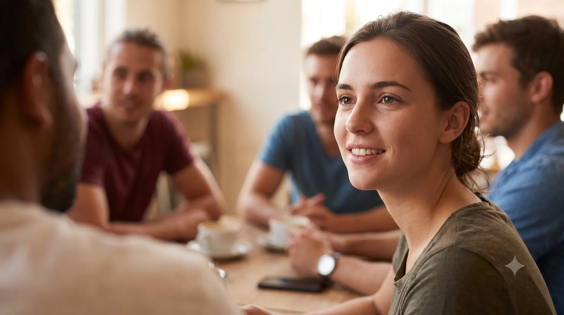 Persona joven entre amigos en una cafetería, algo apartada