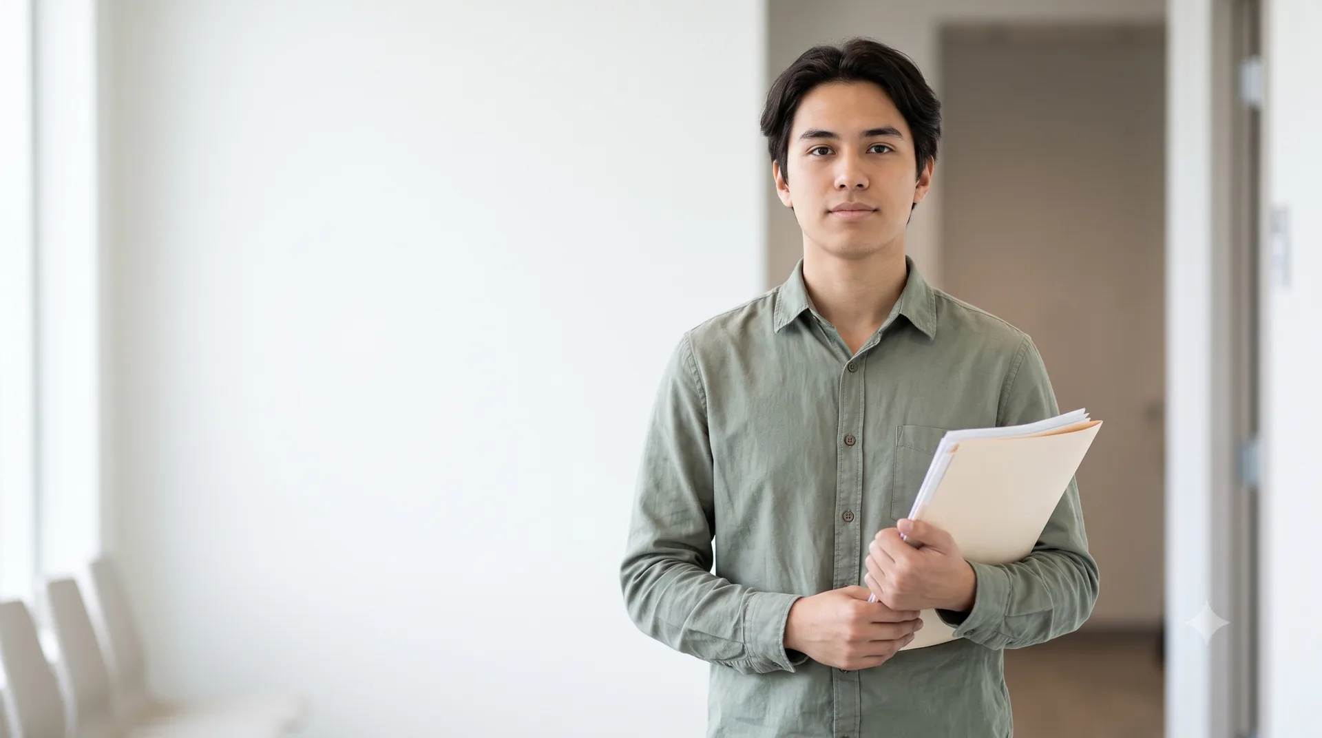 Persona joven de pie con unos documentos en un entorno administrativo