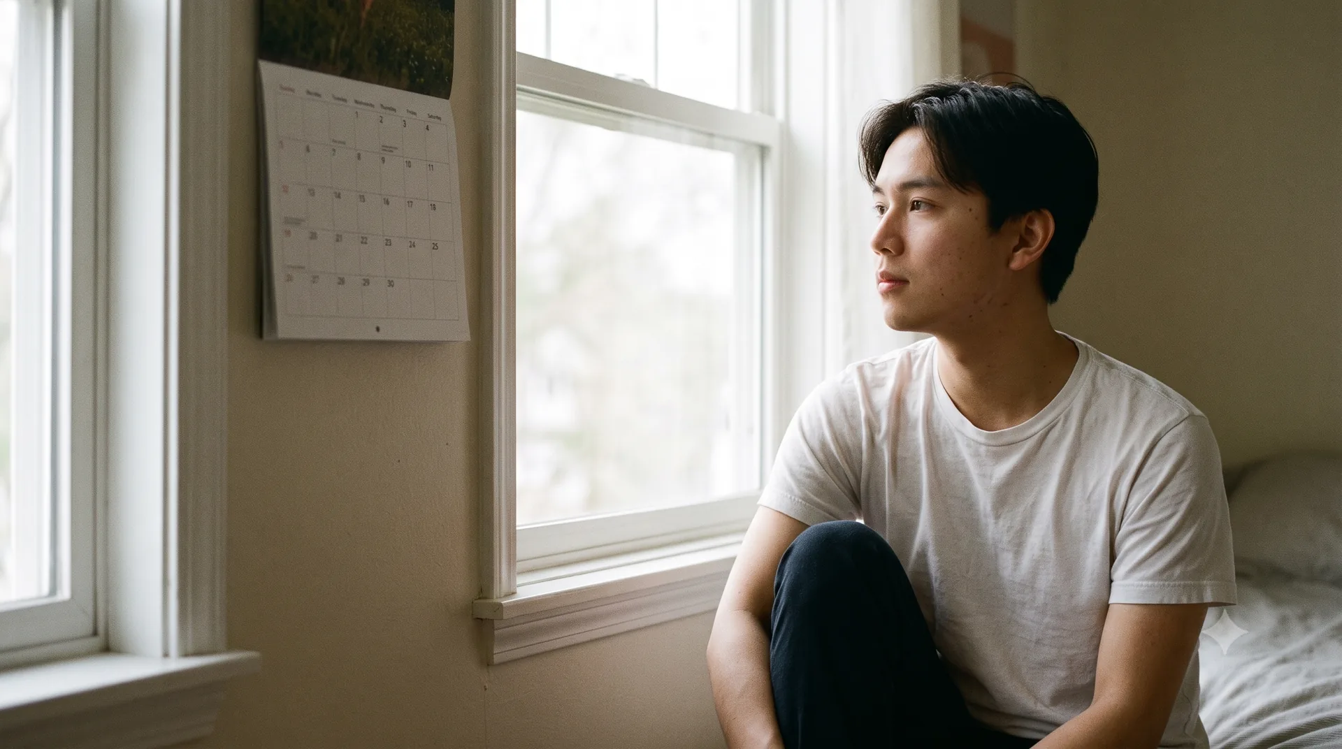 Persona joven mirando por la ventana junto a un calendario