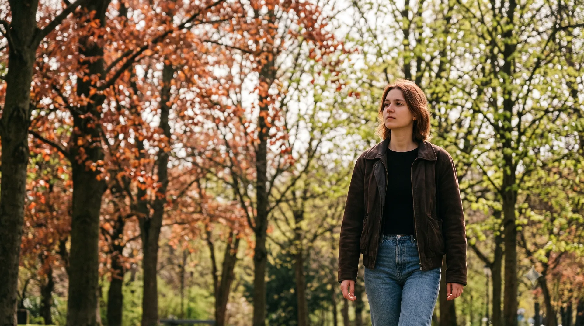 Persona joven caminando por un parque entre otoño y primavera