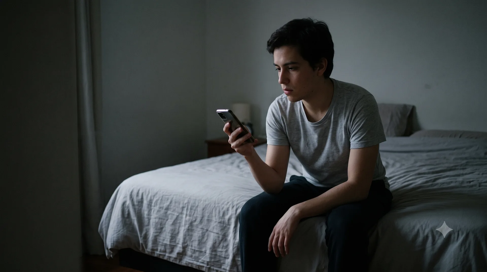 Persona joven despierta de madrugada mirando el móvil
