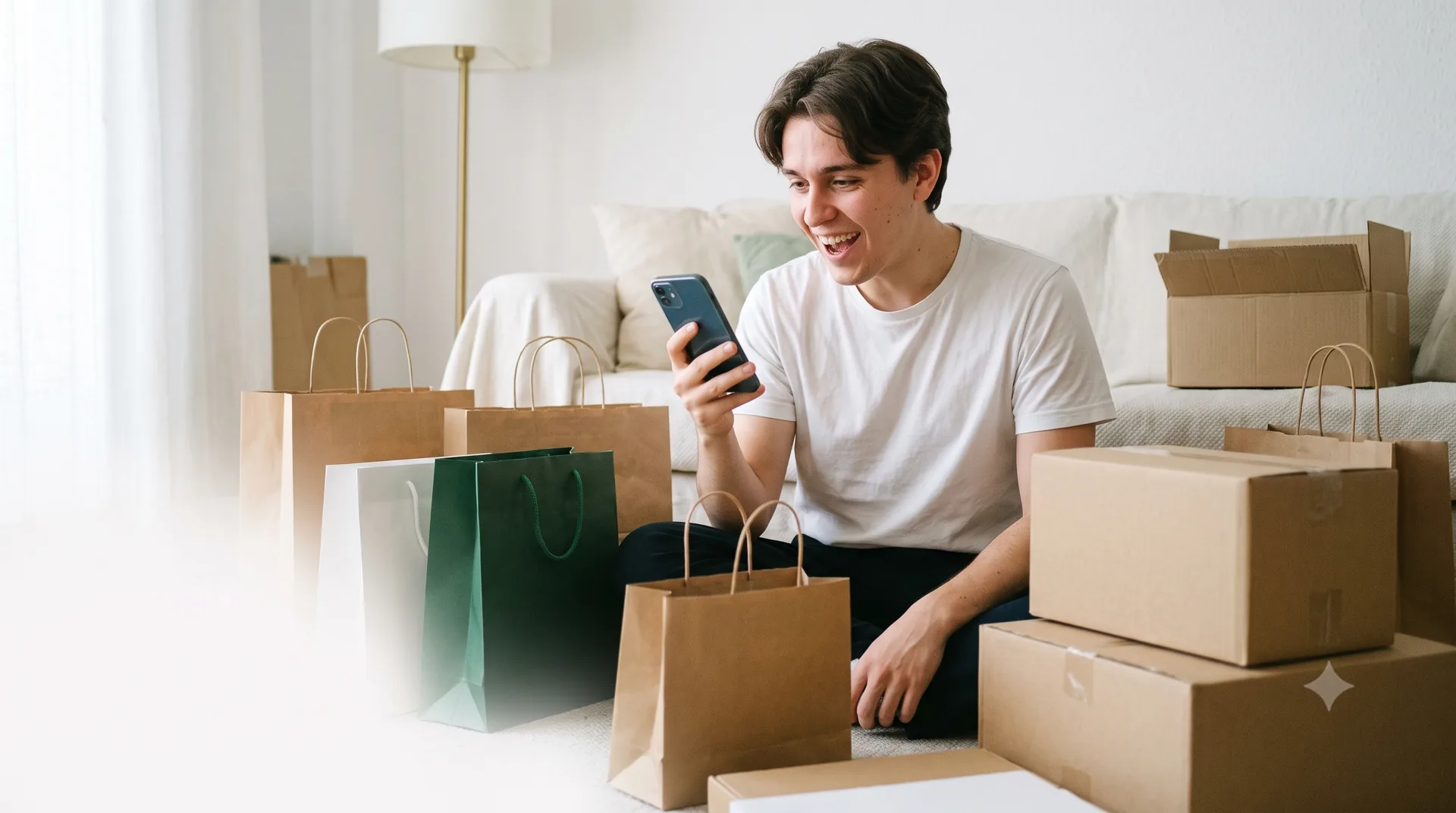 Persona joven rodeada de bolsas de compras comprando con el móvil