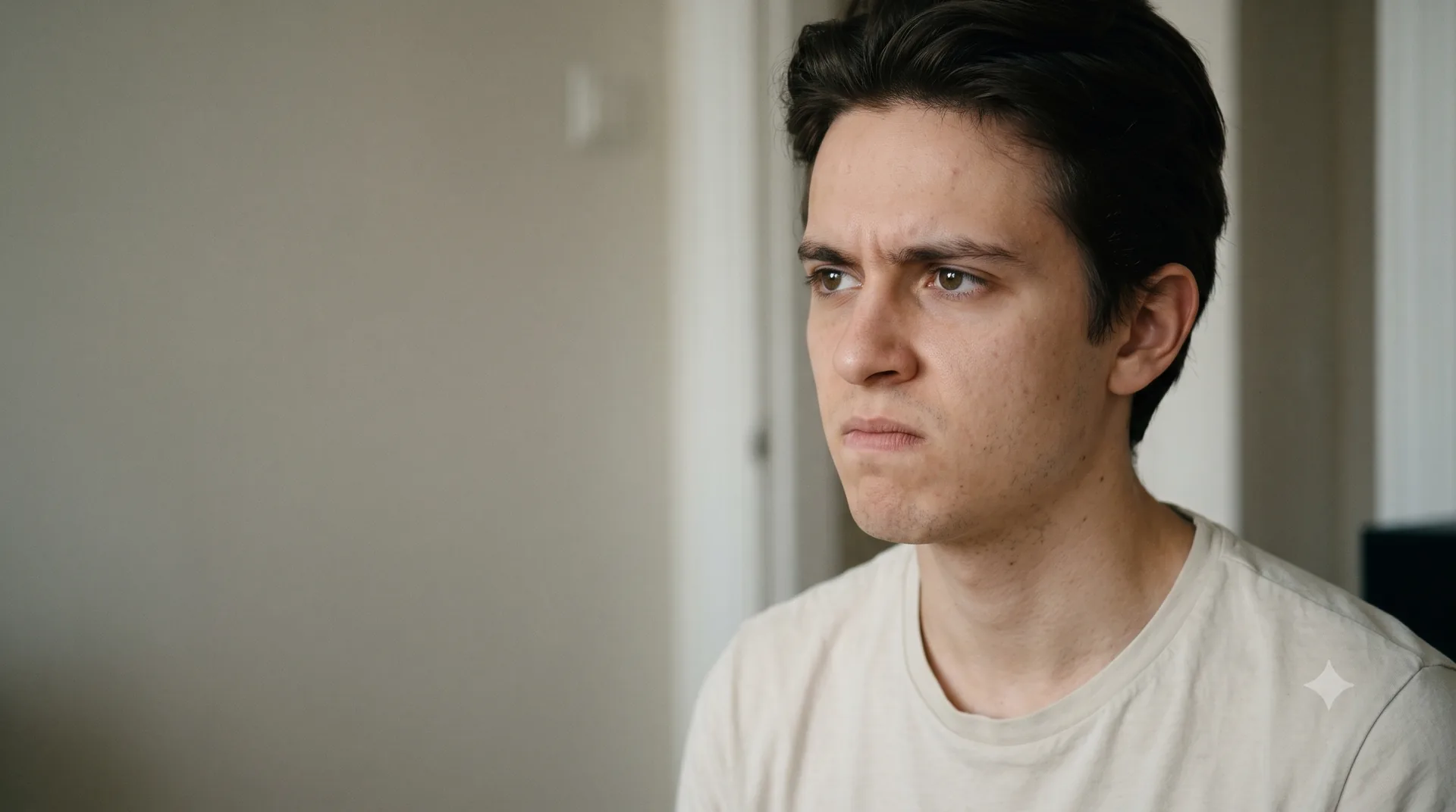 Persona joven con gesto tenso apartando la mirada en una conversación