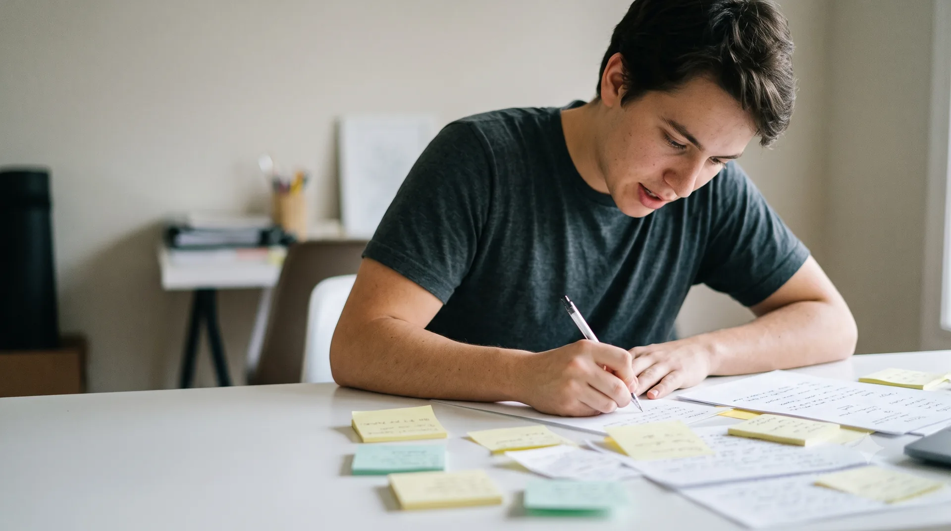 Persona joven rodeada de notas y papeles escribiendo rápido