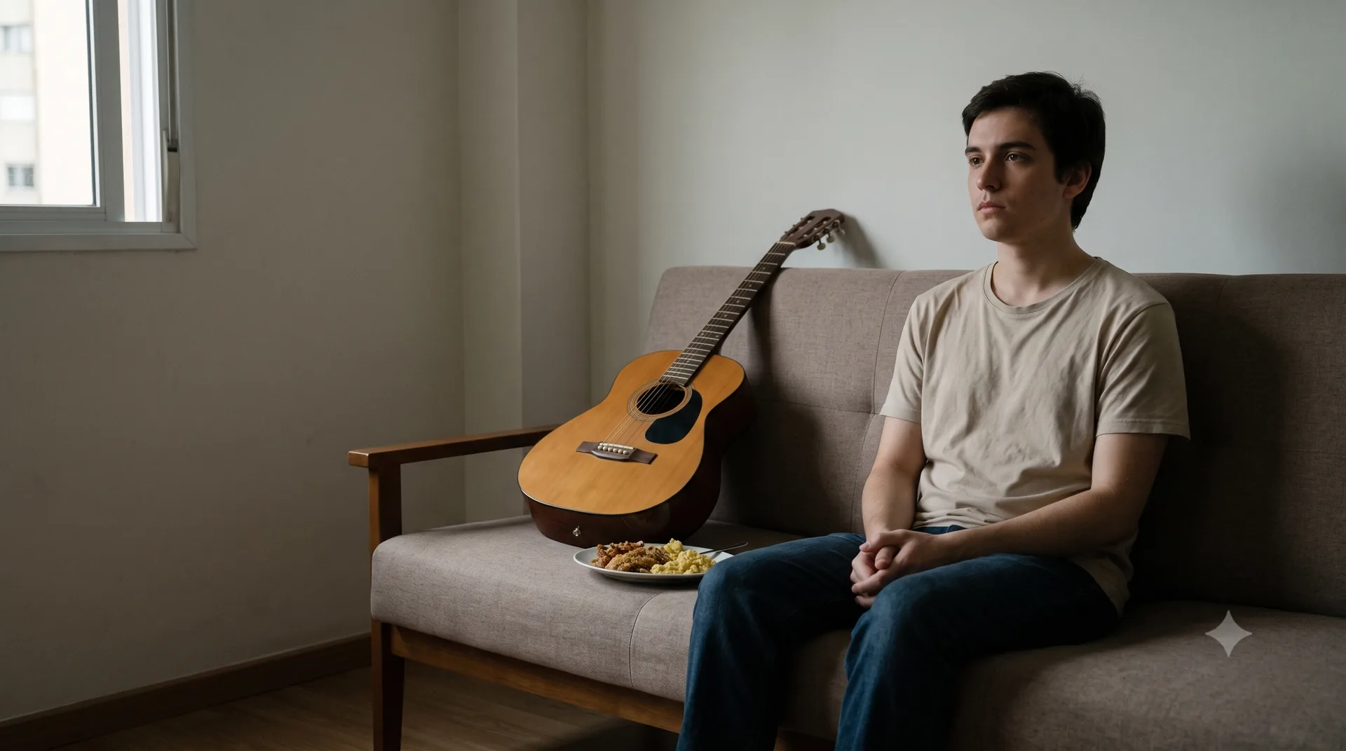 Persona joven en el sofá con una guitarra al lado sin tocarla, mirada apagada