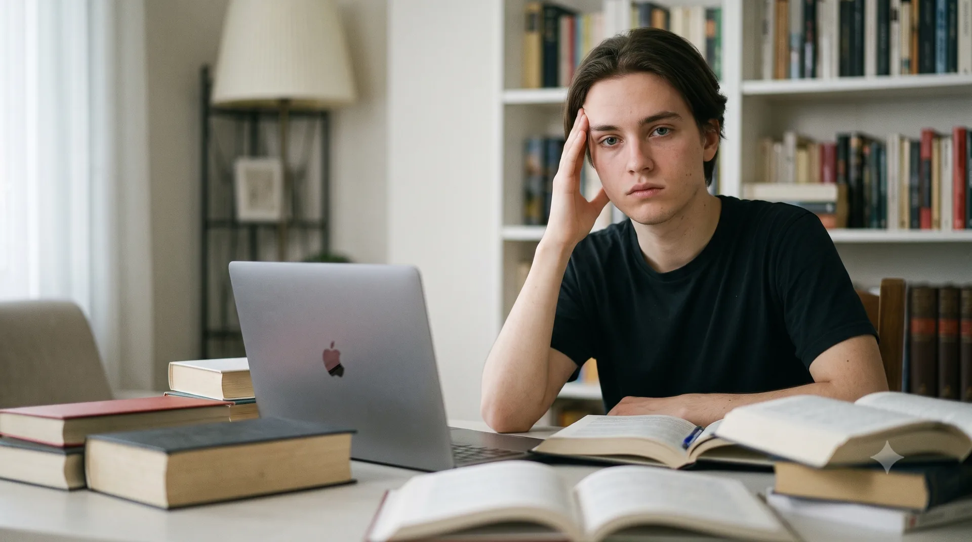 Persona joven frente a un libro sin poder concentrarse, mirada perdida