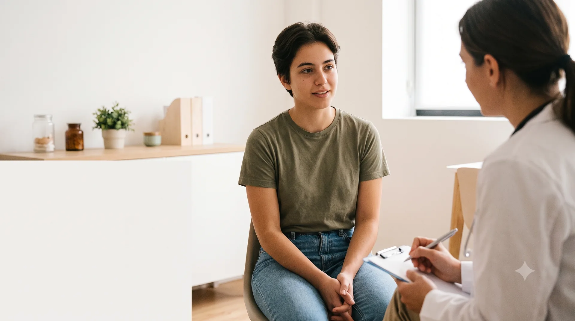 Persona joven conversando con un profesional de la salud que toma notas
