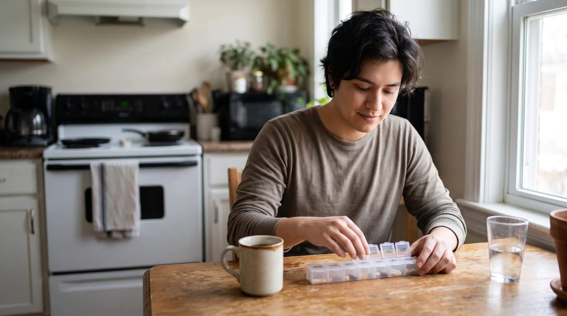 Persona joven llenando un pastillero semanal con calma en la cocina