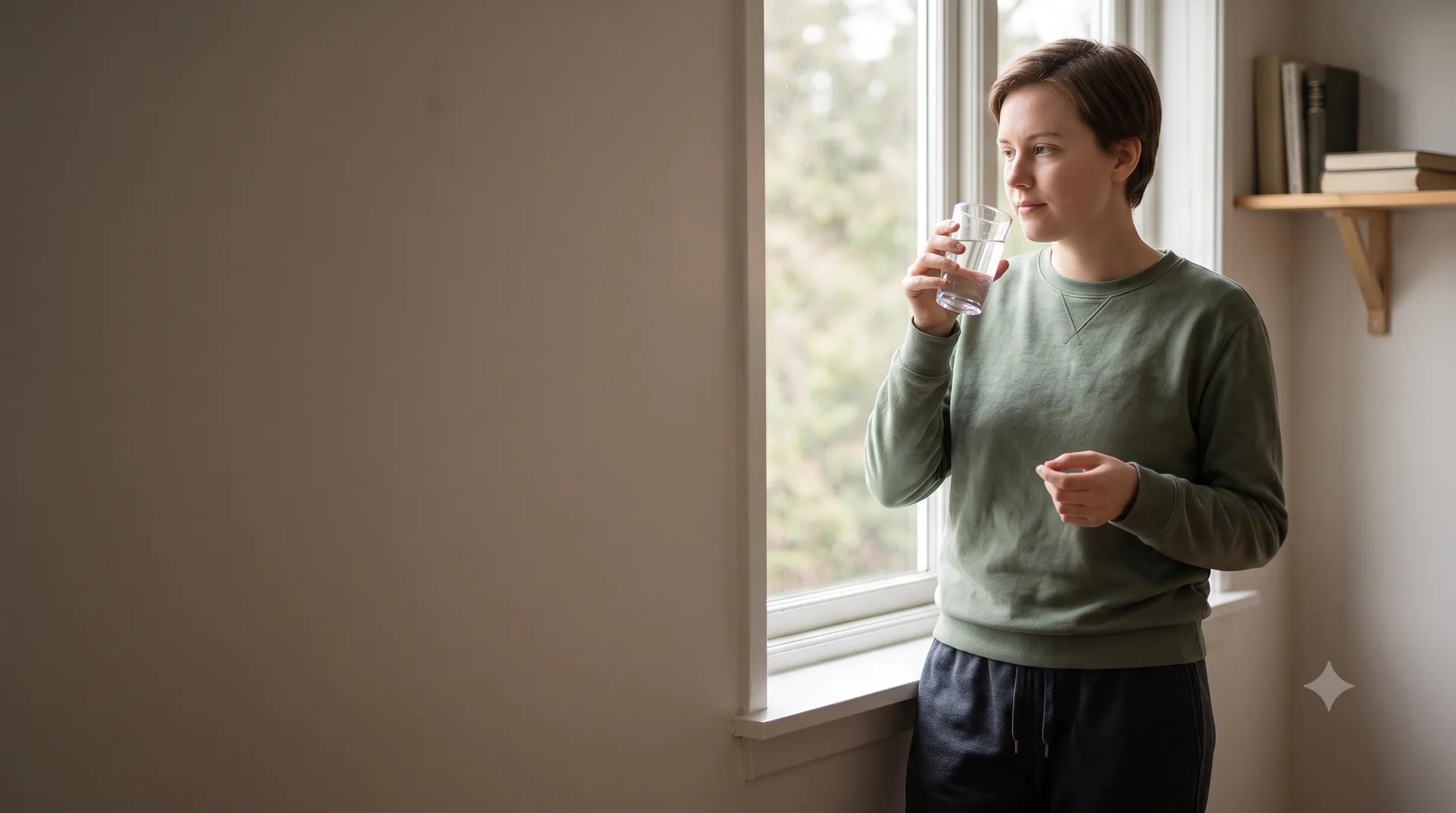 Persona joven junto a la ventana con un vaso de agua tomando su medicación