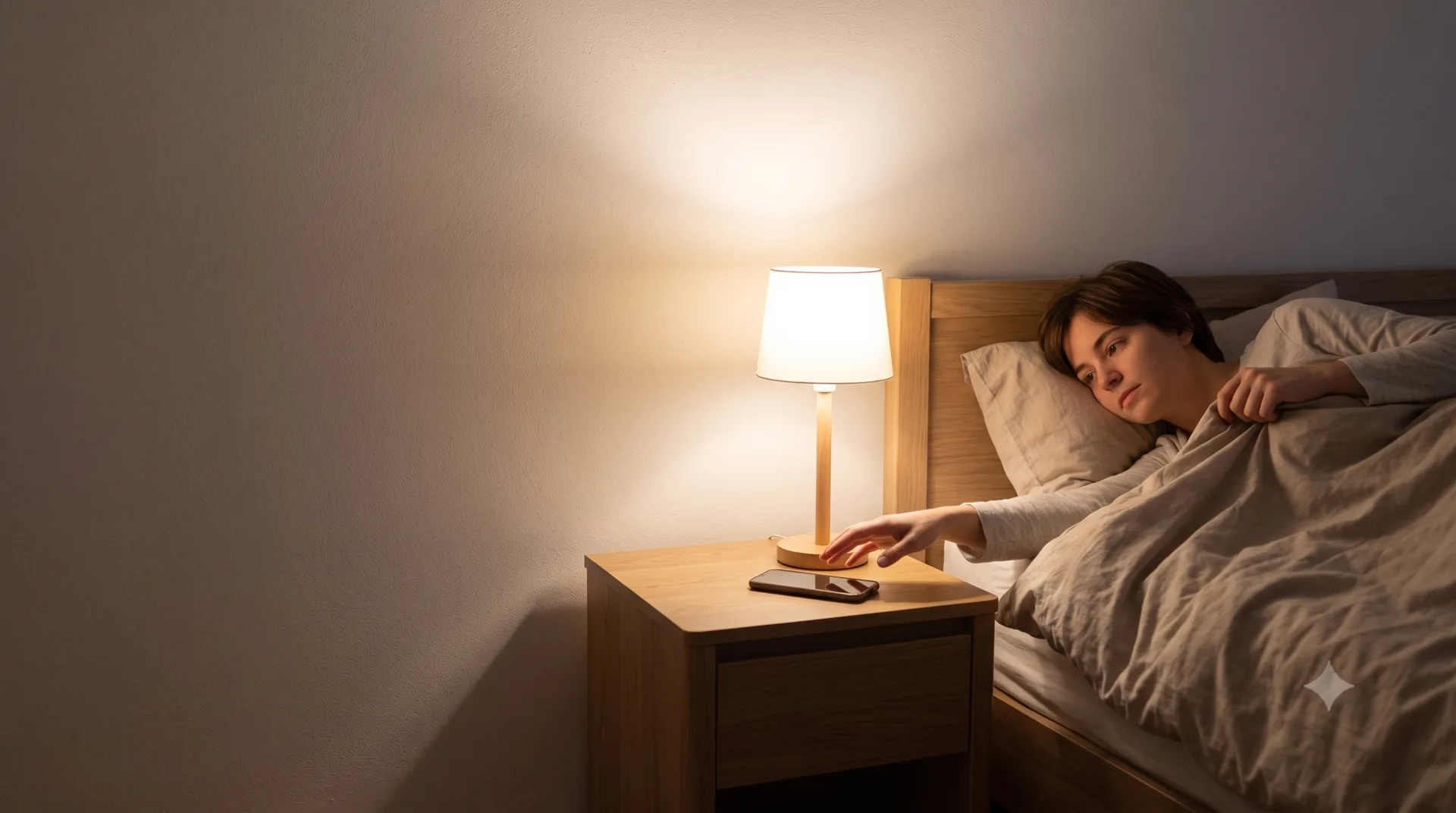 Persona joven preparándose para dormir con calma, apartando el móvil