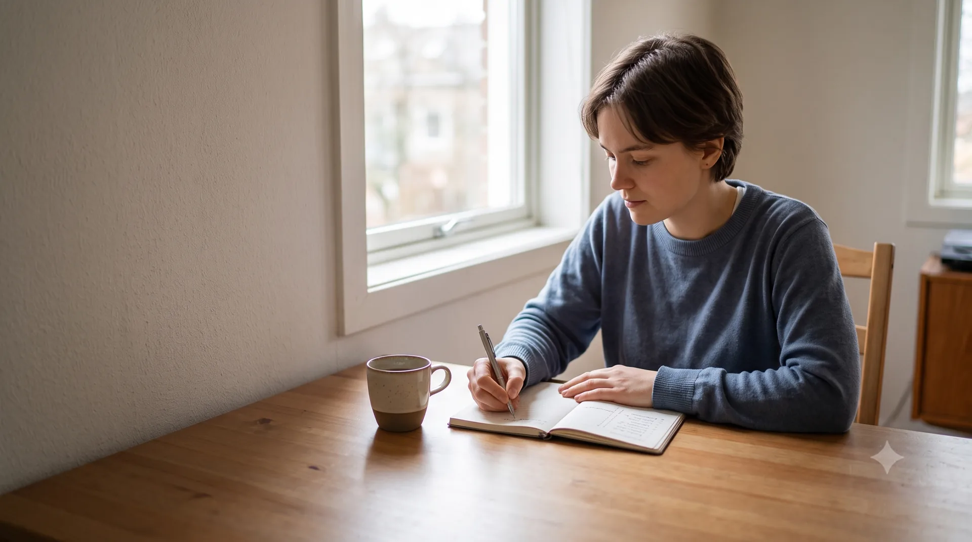 Persona joven escribiendo con calma un plan en un cuaderno