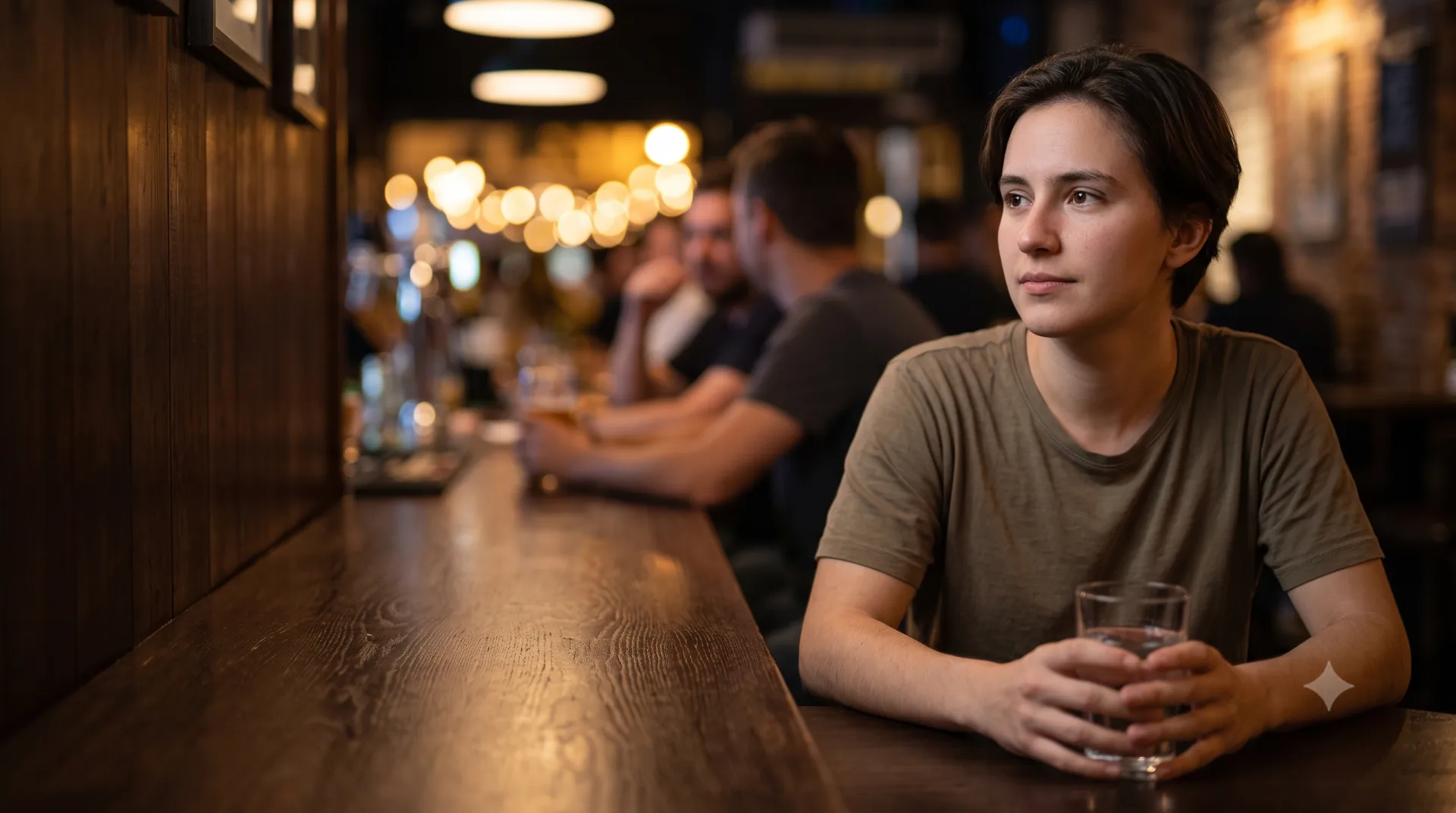 Persona joven con un refresco en un ambiente de bar mientras otros beben
