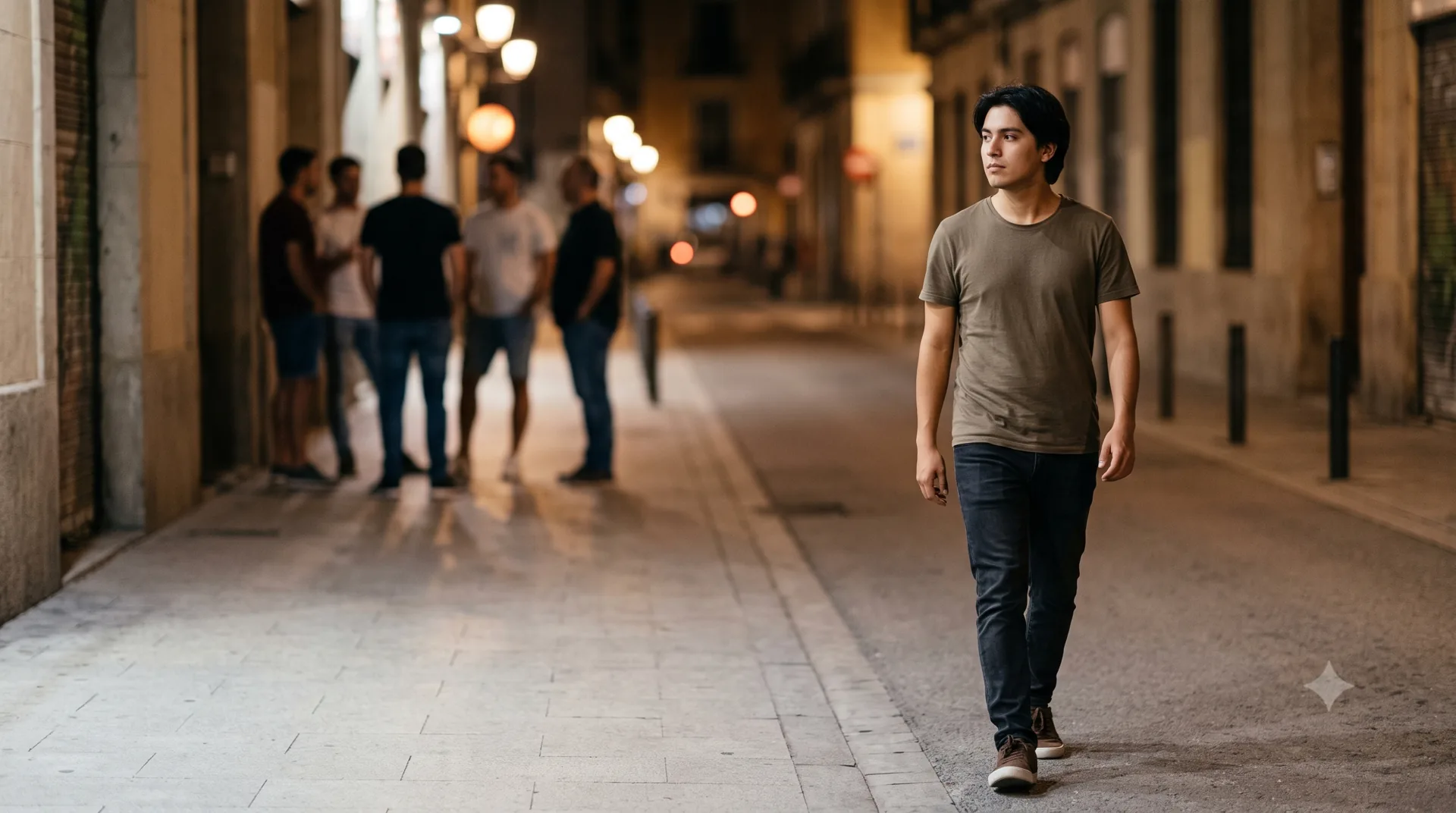 Persona joven apartándose de un ambiente de fiesta nocturno hacia un lugar tranquilo