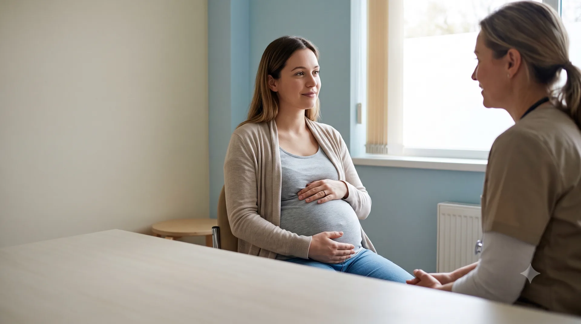 Mujer joven embarazada conversando con una profesional de la salud