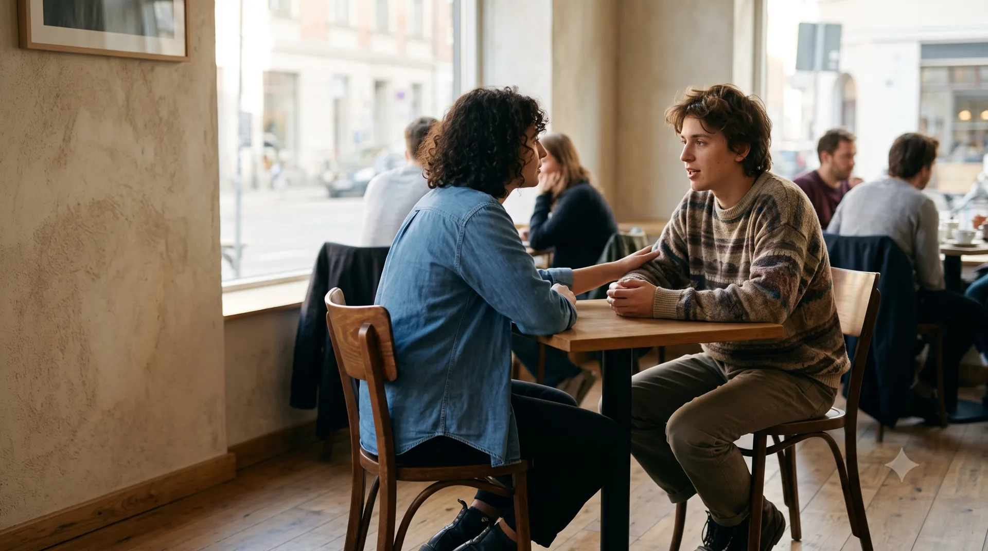 Dos personas jóvenes en conversación cercana y de confianza en una cafetería